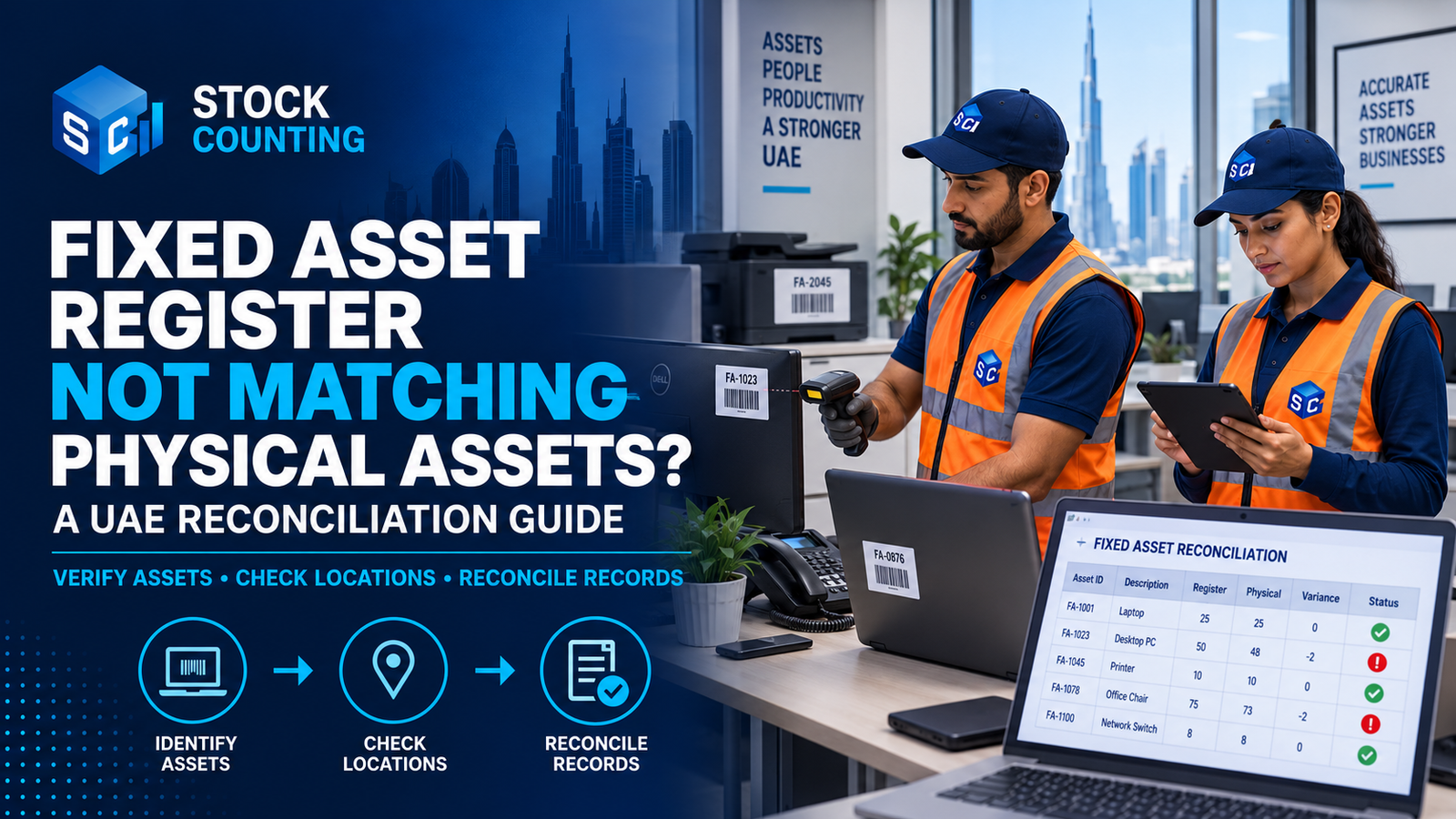 Fixed asset reconciliation in UAE with tagged office equipment.